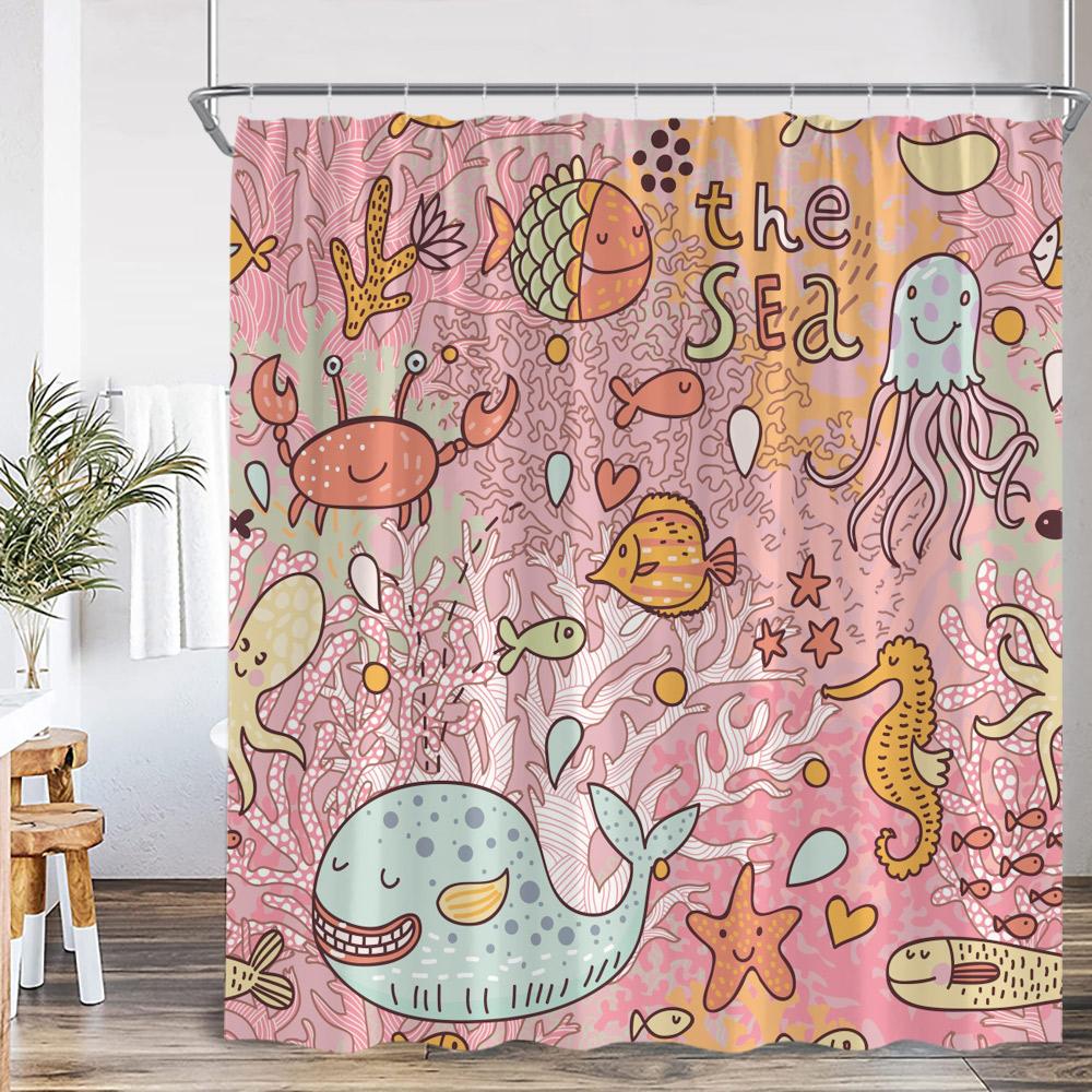 Cartoon Ocean Animals Kids Shower Curtains Tropical Fishes Coral Starfish Shell Bathroom Decorations Funny Children Bath Curtain