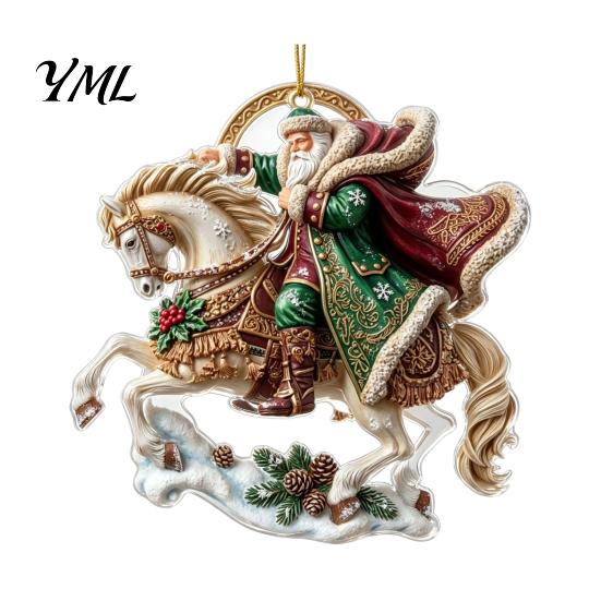 Christmas Fireplace Ornament Santa Riding Horse Ornament, Acrylic Hanging Pendant with String, Indoor Outdoor Decor Festive Tree for Living