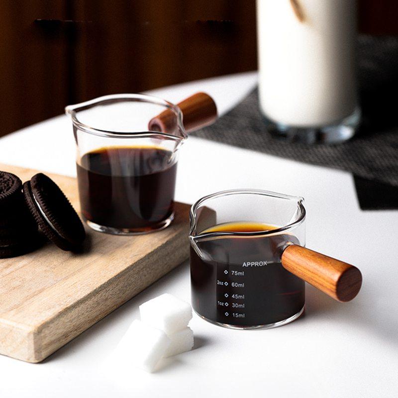 Wood Handle Glass Espresso Measuring Cup Double/Single Mouth Milk Jug Heat-resisting Coffee Shot Glass Scale Measure Mugs