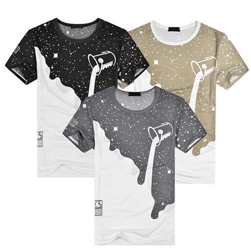 Trendy Mens Fashion Milk Poured Pattern Printed Short Sleeve Round Neck T-shirt