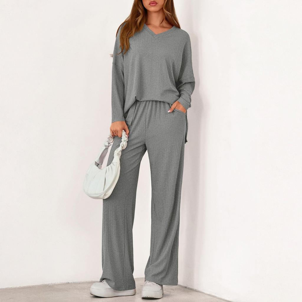 Fashionable Women's Two-Piece Cotton Casual V-Neck Long-Sleeved Loose Pants Set
