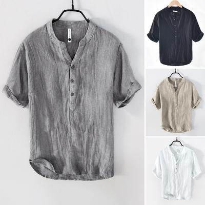 Men Summer Shirt V Neck Stand Collar Short Sleeves Vinatge Solid Color Loose Simple Style Mid Length