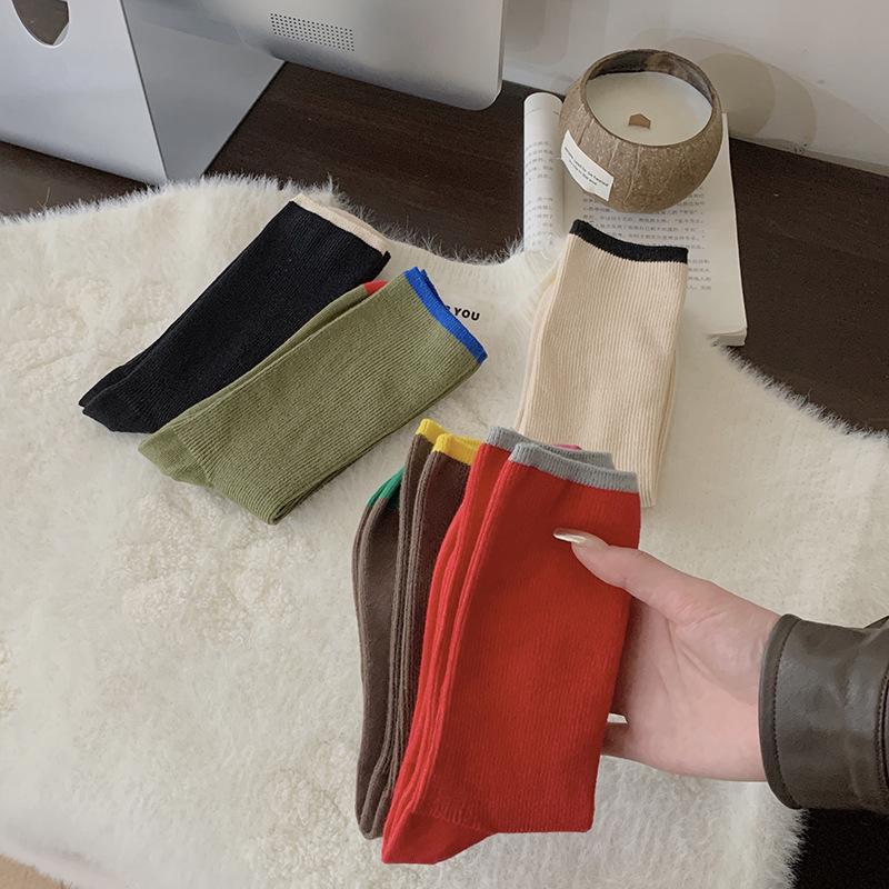 Retro Double Needle Contrast Color Mid-Tube Socks - Maillard Series