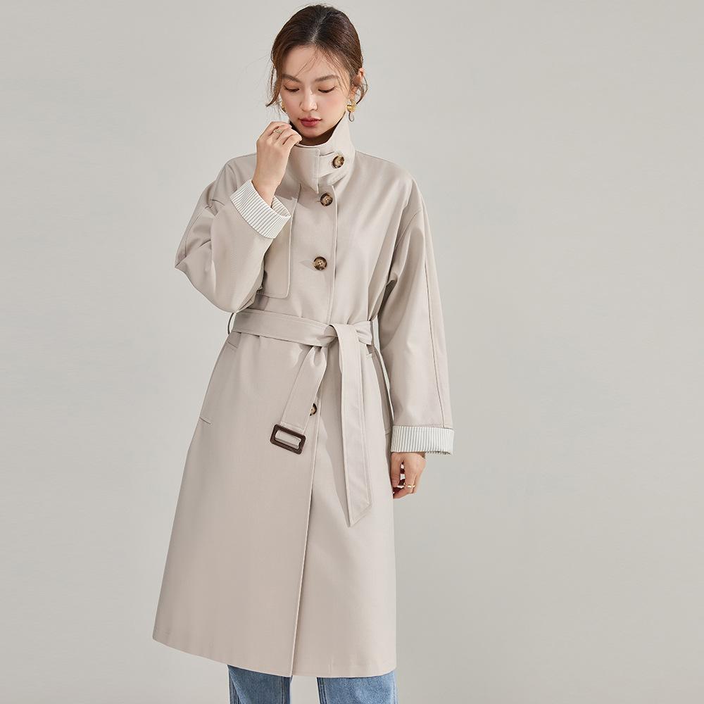 Chunxin commuting temperament loose silhouette drape retro stand-up collar medium and long trench coat women 22352