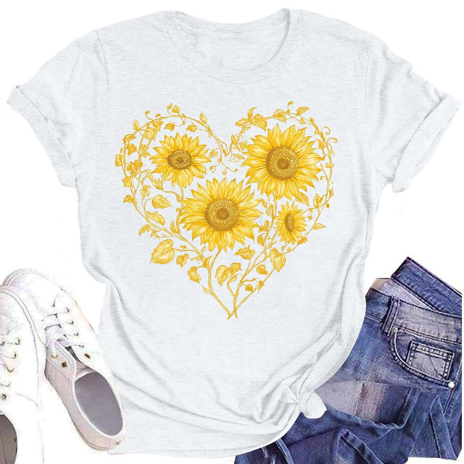 

Женская повседневная футболка с круглым вырезом и цветочным принтом, короткий рукав XL белый