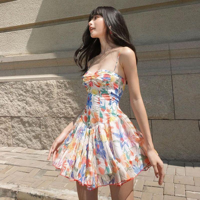 

Gusty Pastoral Style Elegant A- line Pleated Skirt Sling Color S