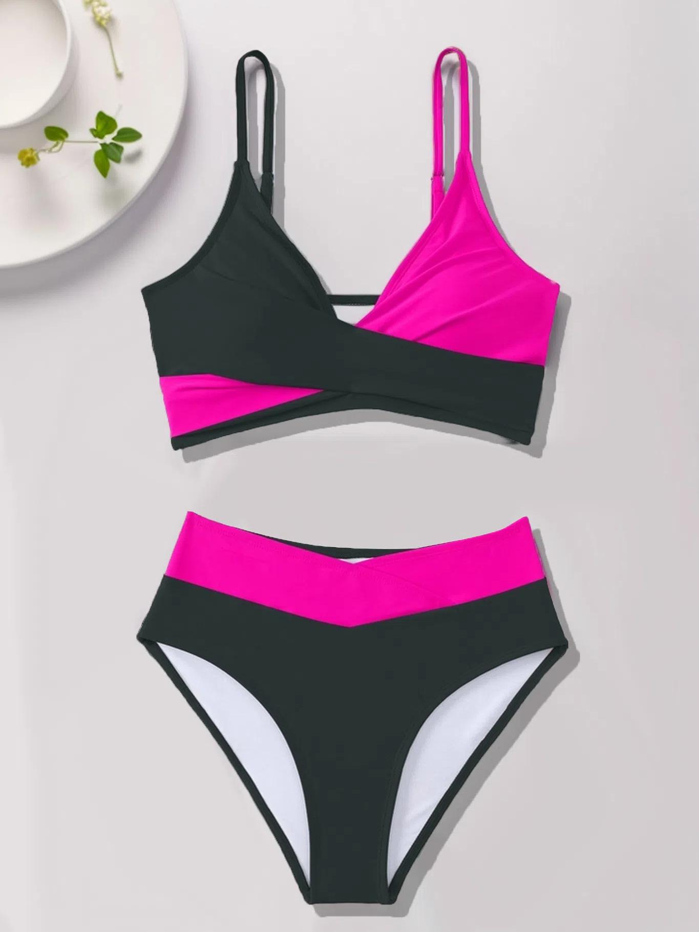 

V-образный вырез с высокой талией и перекрестными бретелями, цветной блок, открытая спина, бикини, пляжная одежда XL чёрный/розы красного