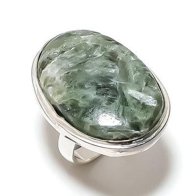 Anello in Argento Sterling 925 Fatto a Mano con Pietra Naturale Seraphinite S.9 w3B58