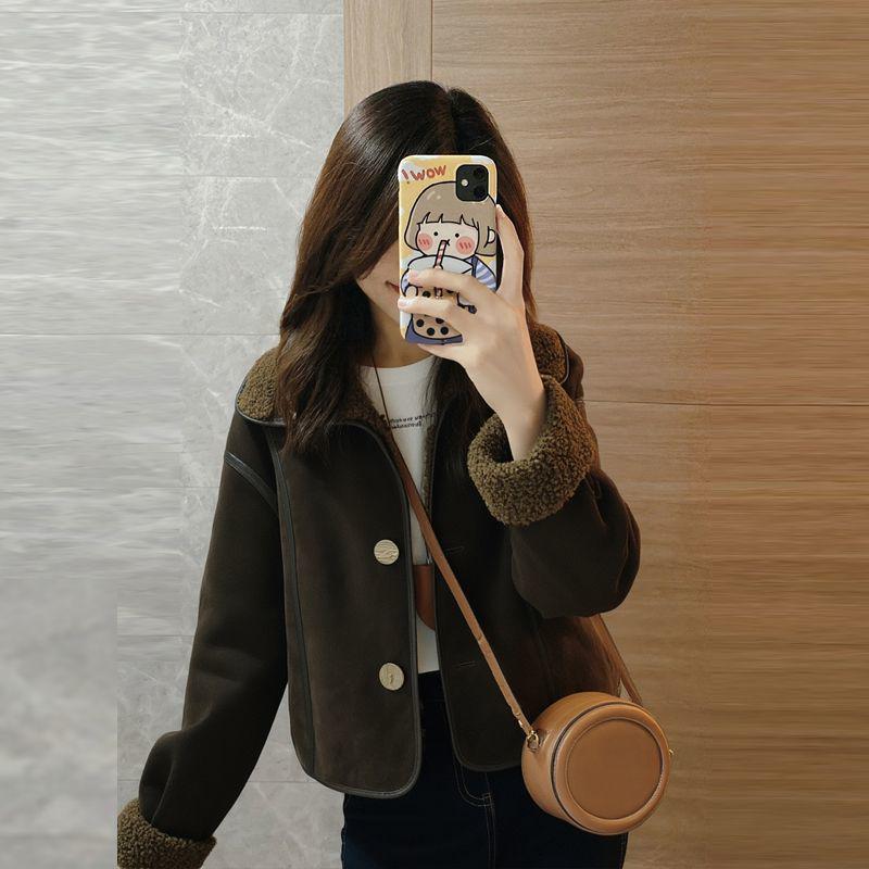 2025 Women's Coffee Color Lapel Suede-Leather Lambswool Coat - Velvet Lined, Thick, Short Winter Jacket