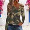 Women Plus Size Camouflage Print Asymmetric Cutout Cold Shoulder Long Sleeve Fitted Top