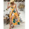 Fashion Large Flower Pattern Sexy Sexy Deep V Neck Fitted Waist Backless Split Sleeveless Sling Dress Long Dress Dress Dress