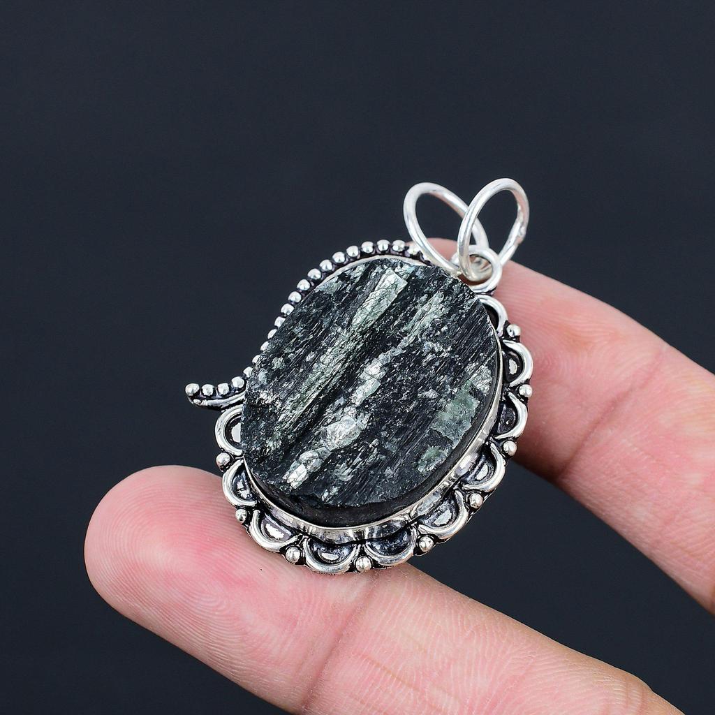 Natural Black Tourmaline Rough Gemstone Pendant 925 Sterling Silver Jewelry