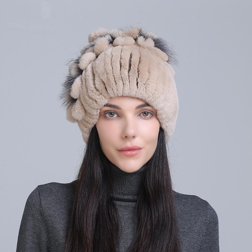 Winter Women's Warm Fashion Thick Wool Hat Rex Rabbit Fur Hat Knitted with Side Flower Hat