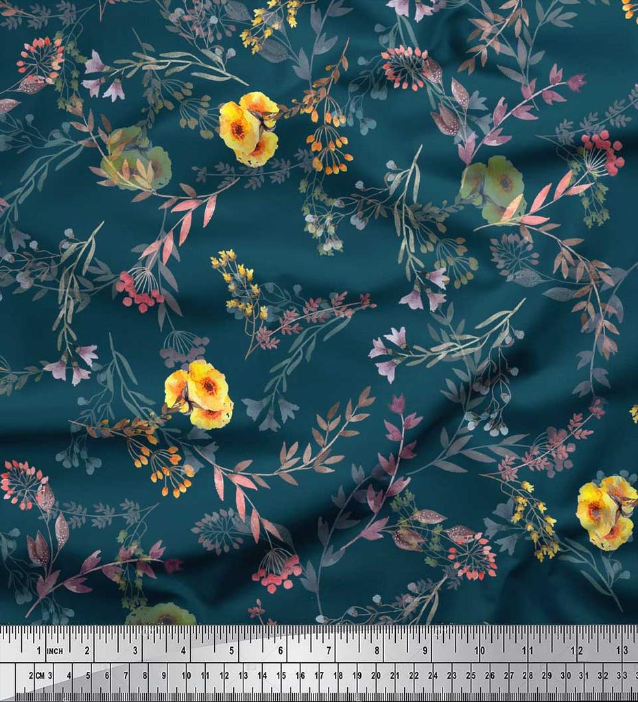 Soimoi Modrá Japonská Krepová Saténová Látka Listový Květinový Vzor Látka na metr 42 Palců