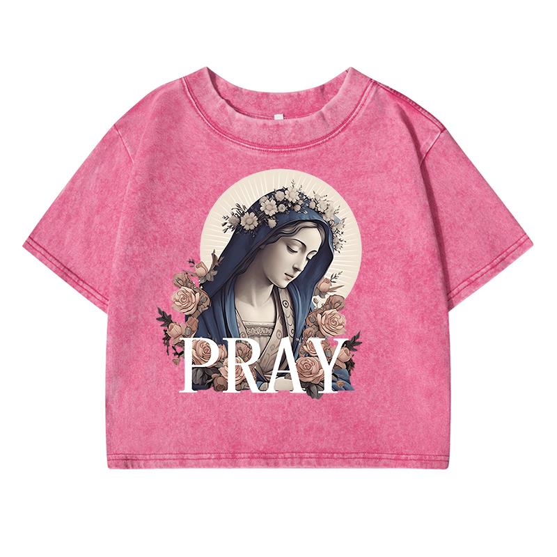 The Beautiful Virgin Print Women Washed Short Clothing Breathable Summer T-Shirt Midriff-Baring Cool Tops Tshirt
