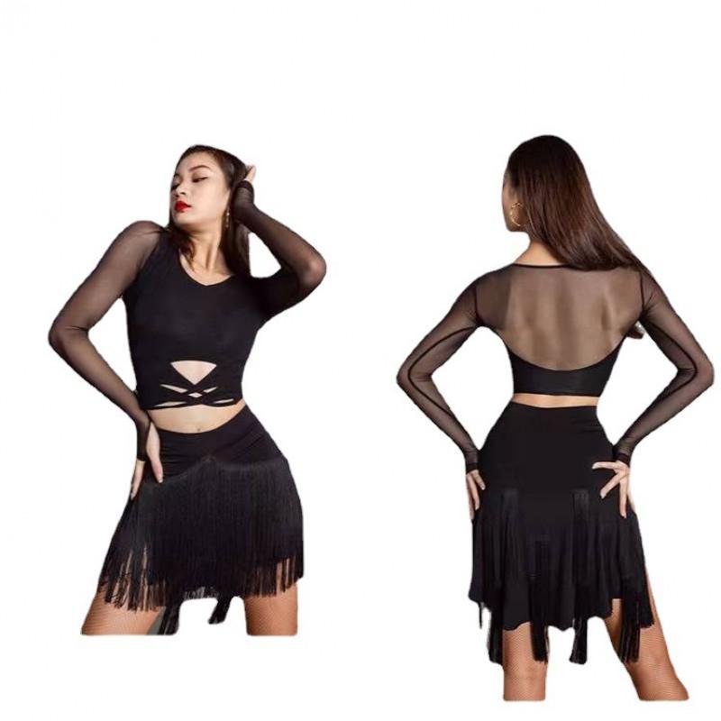 Womens Latin Dance Skirt With Fringe Hem Professional Practice Outfit Milk Silk Stretch
