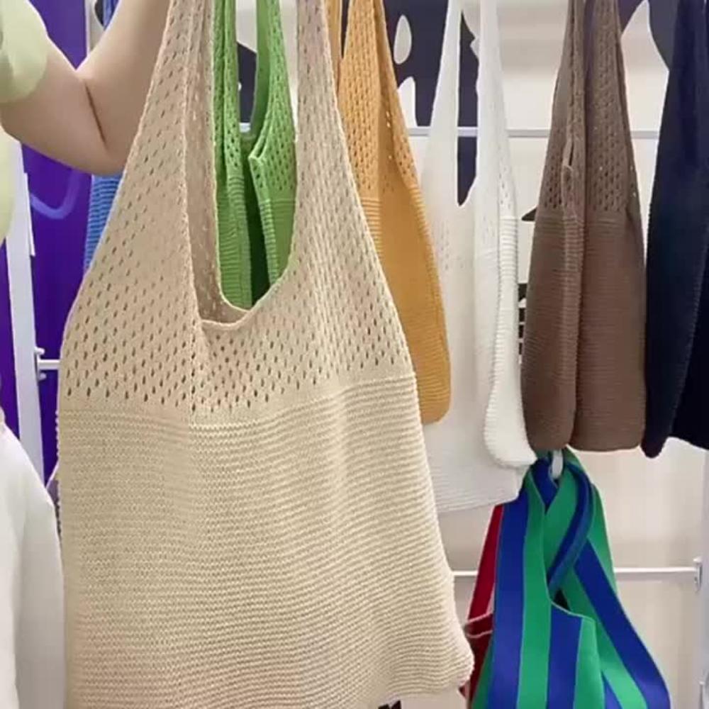 Minimalist Retro Hollow Knitting Bag For Women, Woven Yarn Shoulder Tote Bag, Large Capacity Breathable Shopping Handbag For Daily Outdoor Use