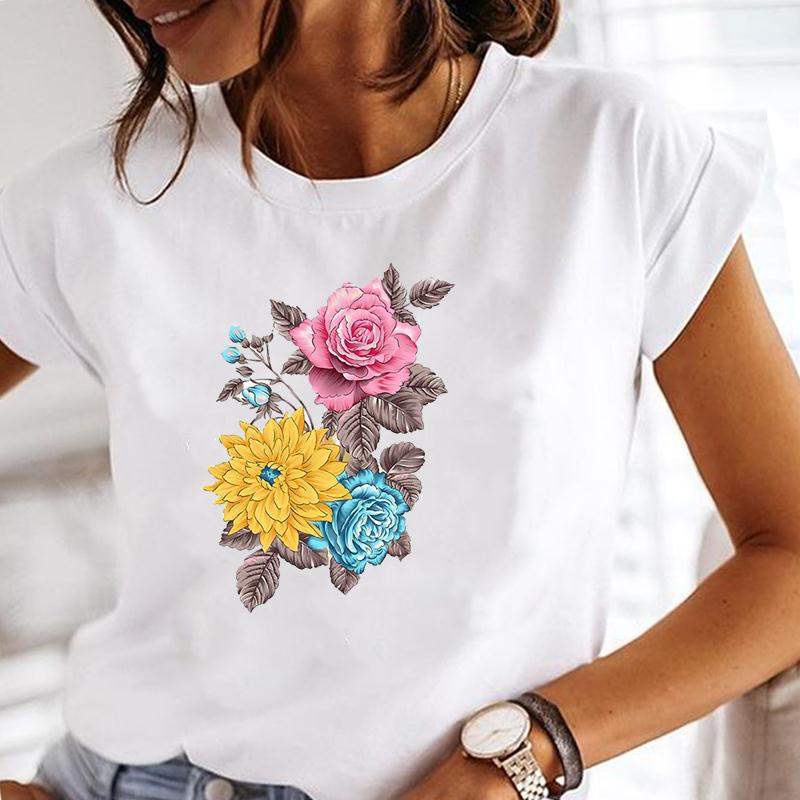 (European Size) Summer Fashion Women Plant Lovely Flower Trend Cute Short Sleeve Print Tee Top Tshirt  Lady Female Clothing  Casual Graphic T-shirt