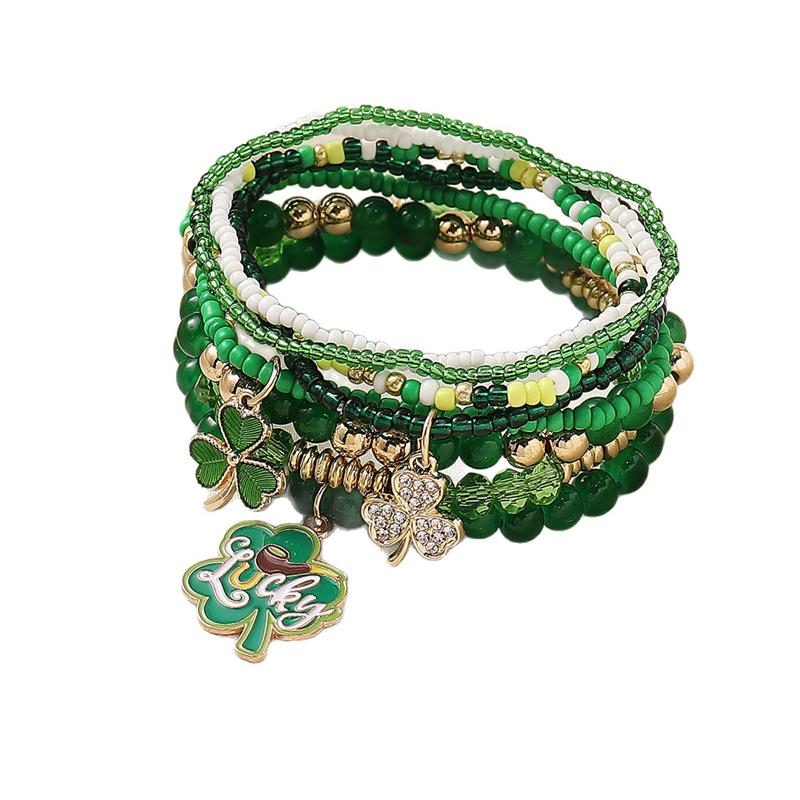 St.Patrick's Day Bracelets for Women Men Mutilayered Lucky Shamrock Charm Bracelet Green Leaf Hat Beaded Holiday Bracelet Irish Festival Party Jewelry
