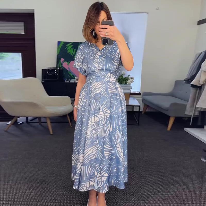 2024 Summer European & American Bohemian Print Turn-Down Collar Holiday Dress for Women