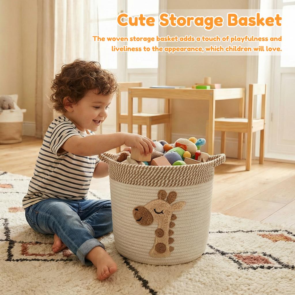 Cotton Rope Storage Basket Large Capacity Toy Organizer with Embroidery Decor Clothes Hamper Woven Sundries Organizer for Home