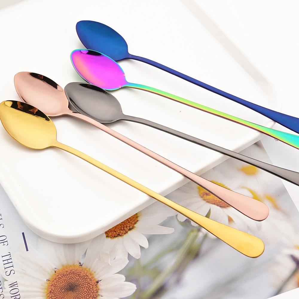 10Pcs Black Coffee Spoon Eco-Friendly Stainless Steel  Tea Stir Spoon Tableware Long Handle Ice Cream Dessert Spoons Kitchen Supplies