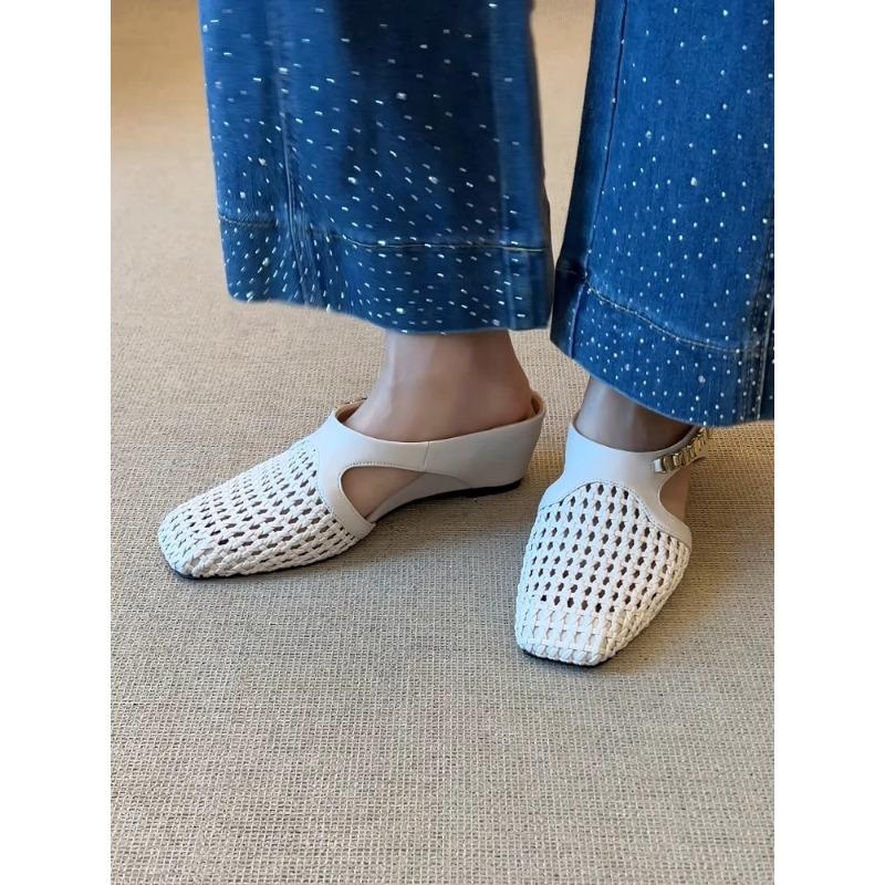 Moda 2025 Wiosna Lato Moda Tkane Obcasy Damskie Klapki Mules Oddychające Ażurowe Kwadratowe Obcasy Klapki Damskie Sandały