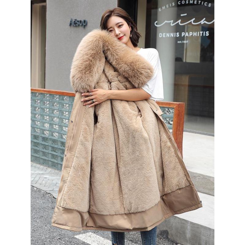 Parker Clothing Winter Women's Padded Jacket Mid-length Big Fur Collar Plus Velvet Padded Jacket Padded Jacket Thick Jacket