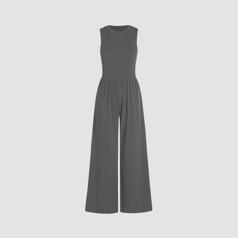 European and American Spring and Autumn Solid Vest High Waist Slim Fit Jumpsuit Round Neck Wide Leg Straight Trousers Women Clothes