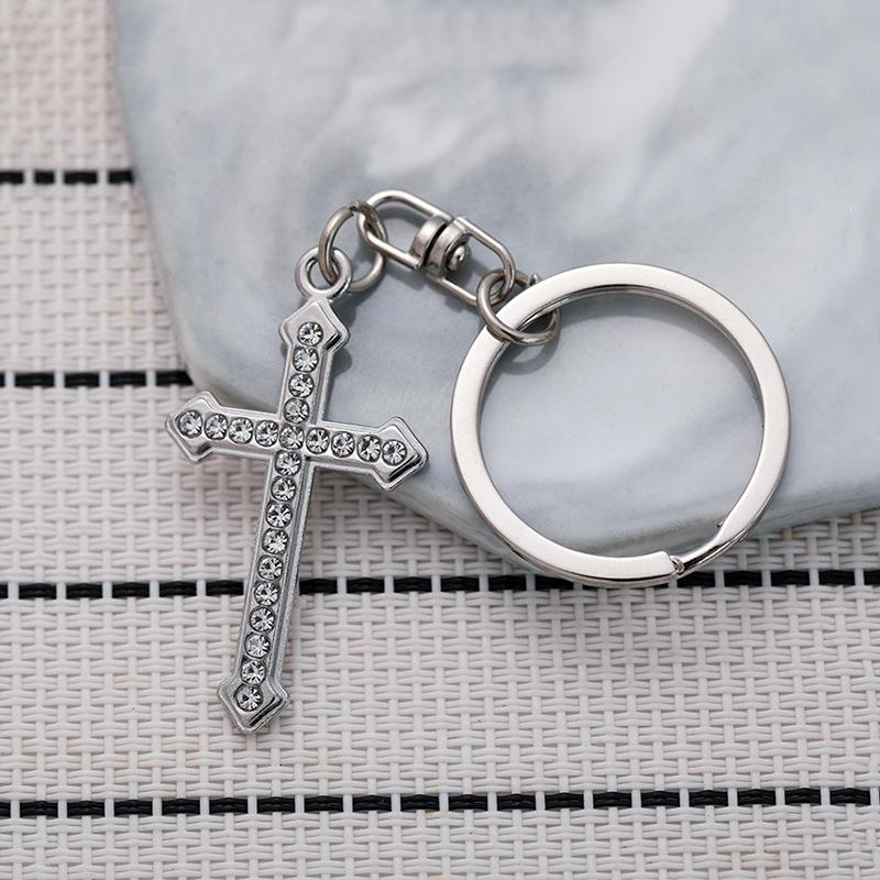 Rhinestone Cross Stainless Steel Keychain INS Simple Style Fashion Bag Pendant Practical Gift for Girlfriend