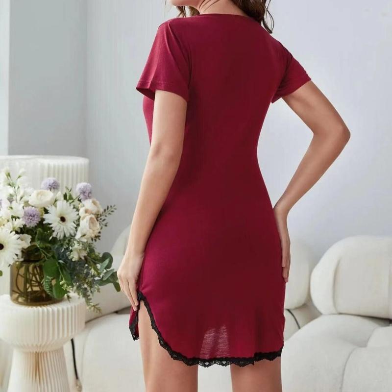 Rochie de noapte roșie de vară pentru femei, cu decolteu în V, cu mâneci scurte, cămașă de noapte, imprimeu inimă, cu ornamente din dantelă, haine de noapte, pijamale, haine de noapte, fustă