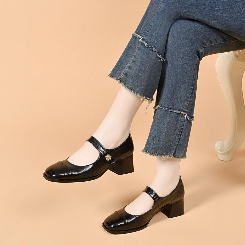 Square head Mary Jane shoes women's spring new one-word buckle light mouth thick heel single shoes simple flower women's high heels