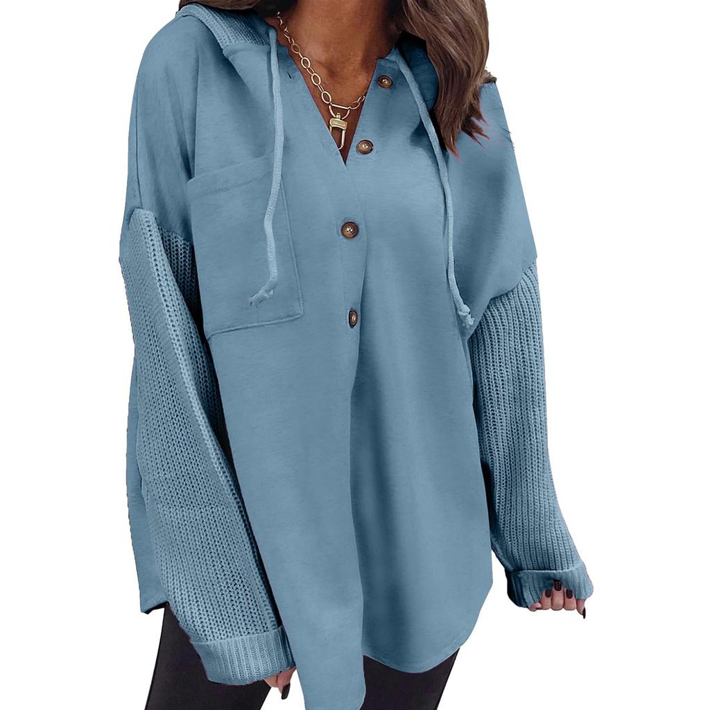 Women's Oversized Casual Long-Sleeve Button-Up Hoodie Knit Patchwork Hoodie With Pockets