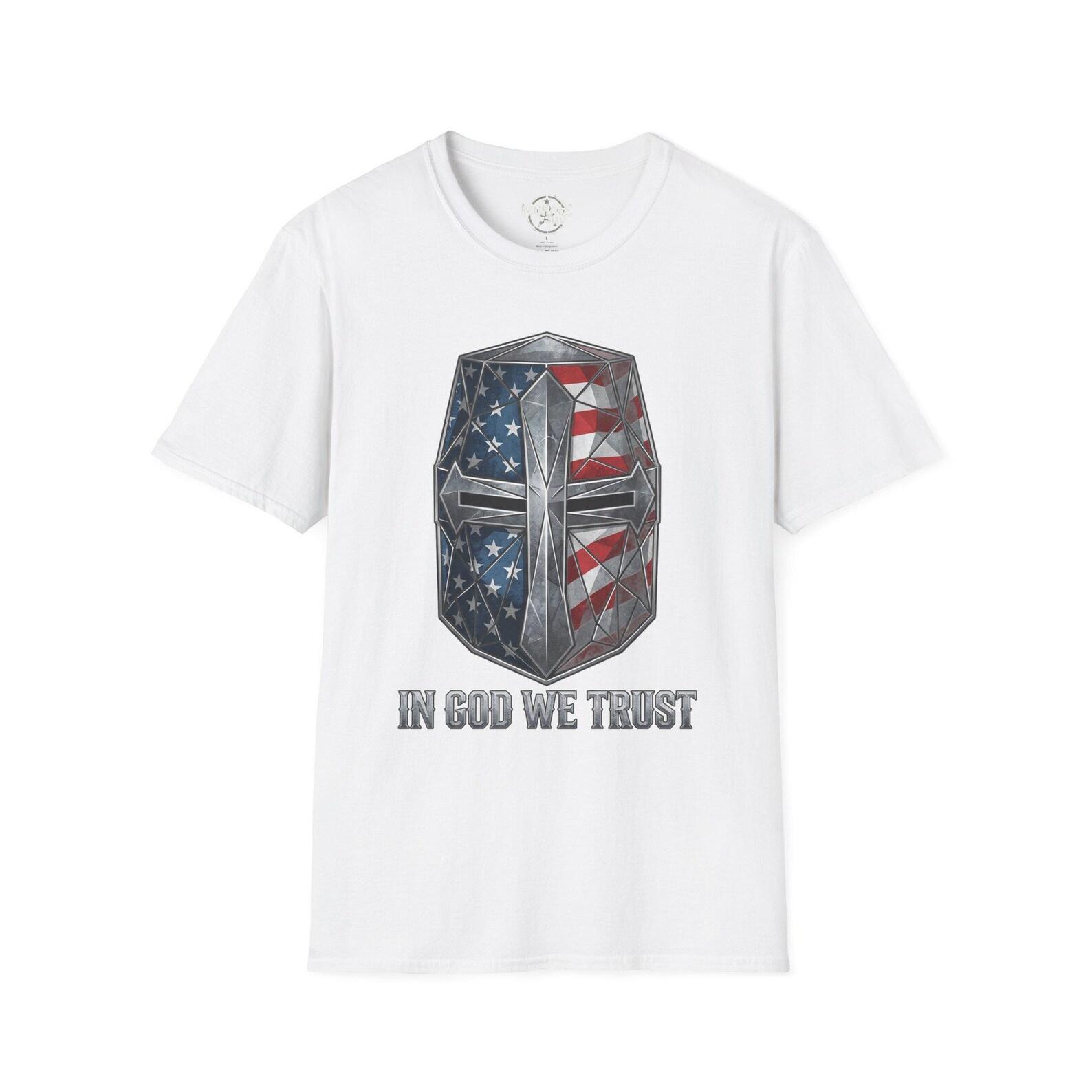 American Flag Crusader Helmet T-Shirt In God We Trust S
