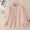 Women Casual Round Neck Lace Splice Long Sleeve Loose Blouse