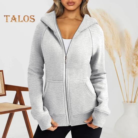 Lady Hoodie Jacket Plush-lined Solid Color Zipper Closure with Pockets Elastic Cuffs And Hem Long Sleeves Cardigan Casual Daily Coat