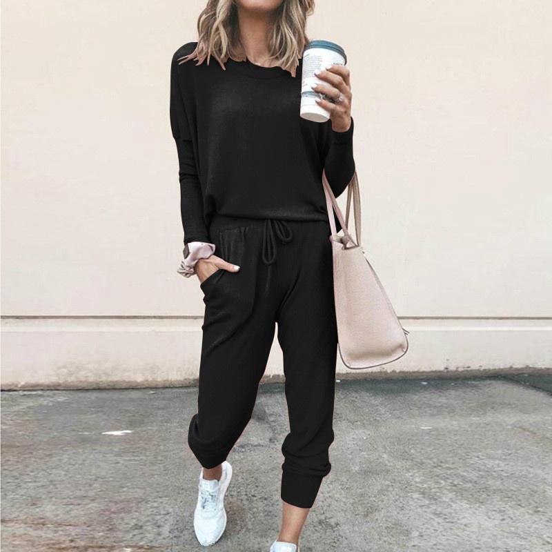 Spring and Autumn New Women's Loose Solid Color Long-sleeved Casual Suit Comfortable Sportswear