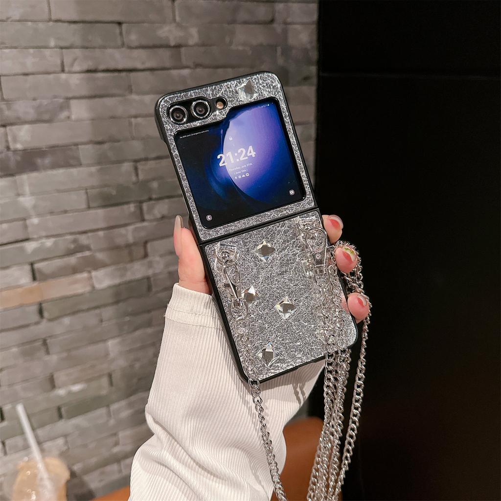 Applicable to Samsung Galaxy Z Flip6 phone case, silver leather rhinestone zflip4/5th generation folding protective case