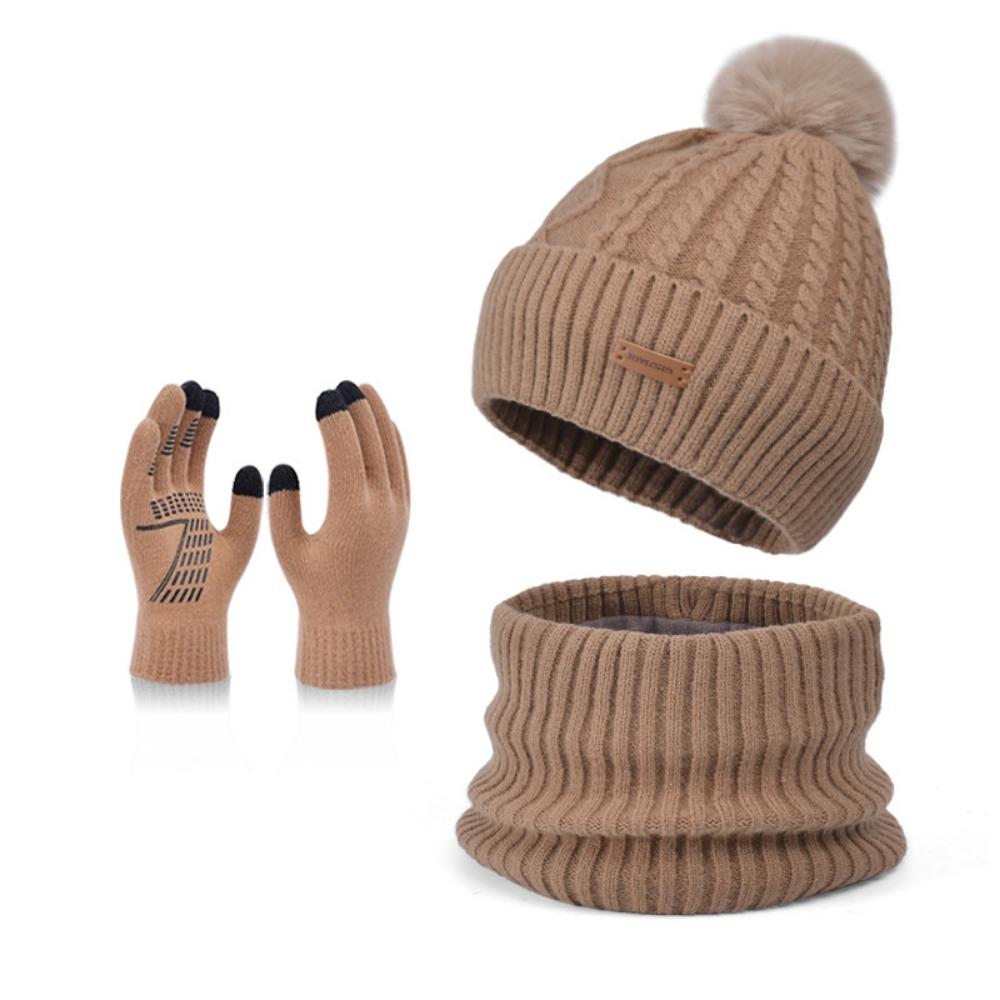 3pcs Solid Color Hat Scarf Gloves Set Warm Winter Beanie Hat Simple Thermal Knit Cap  Outdoor