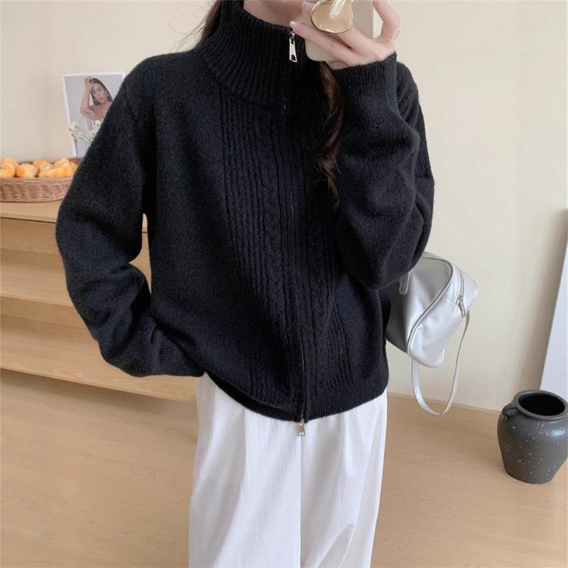 Double Zipper Twist Lapel Sweater Jacket Women's Autumn and Winter New Loose Simple Lazy Wind Knitted Cardigan