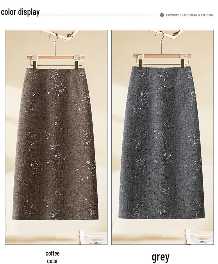 Sequined Woolen High-Waist Straight Skirt for Women