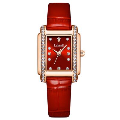 Square Wristwatch with Leather Strap and Diamond Red Women's Accents, Small, Stylish, Waterproof, Simple, Business, Cute, Casual, Luxury, Gift,