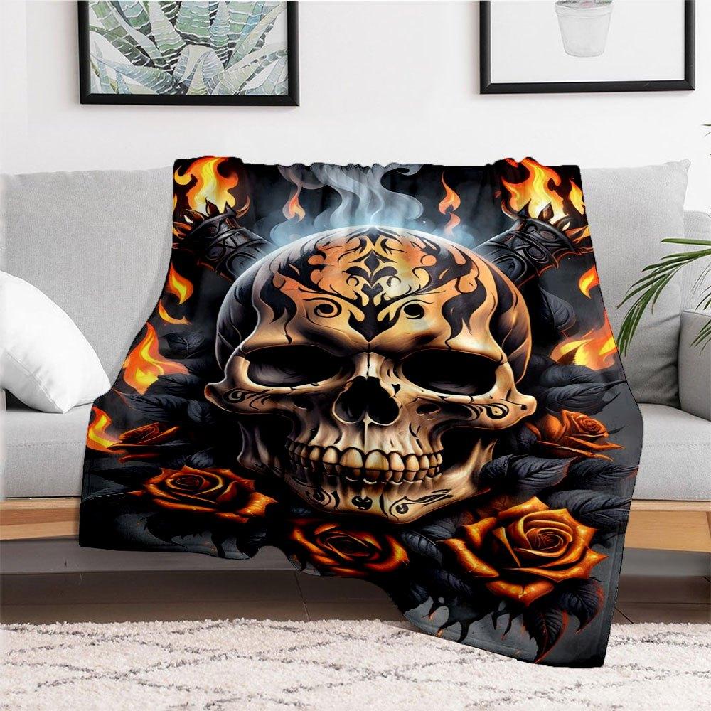 "Flaming Skull with Roses Tattoo Design Art Print"Blanket Flannel Throw Blanket for Sofa, Bed, Travel, Camping, Office, Couch, Chair, And Be