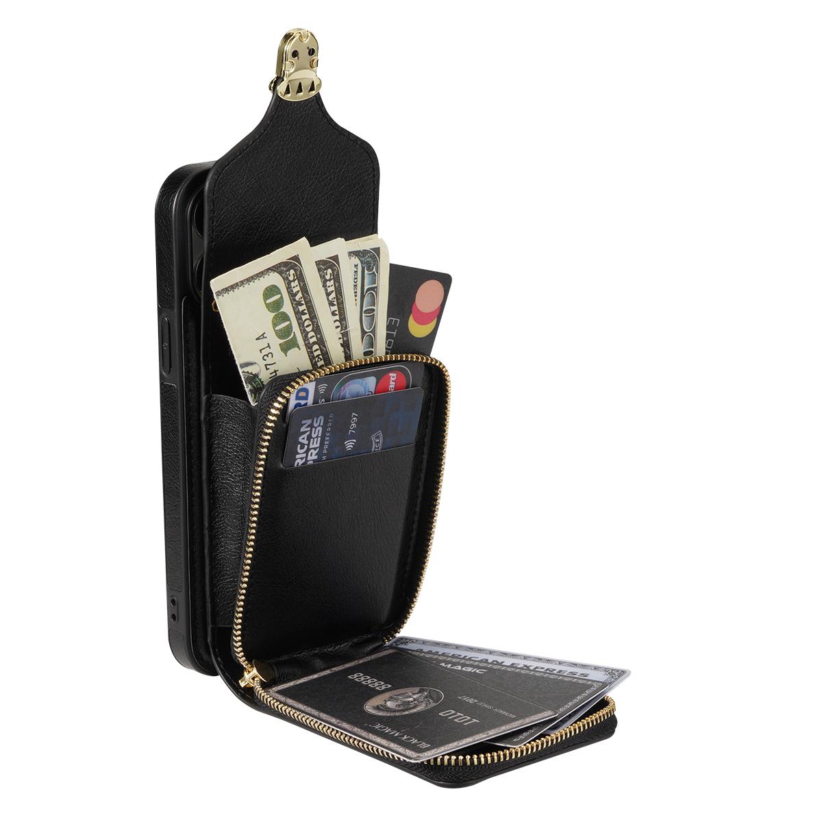 

For iPhone 11 6.1 inch PU Leather Coated TPU Card Slot Phone Case Kickstand Crossbody Zipper Cover Black