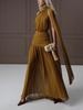 Cross-Border European & American Women's Scarf Ribbon Pleated Slimming Long Dress