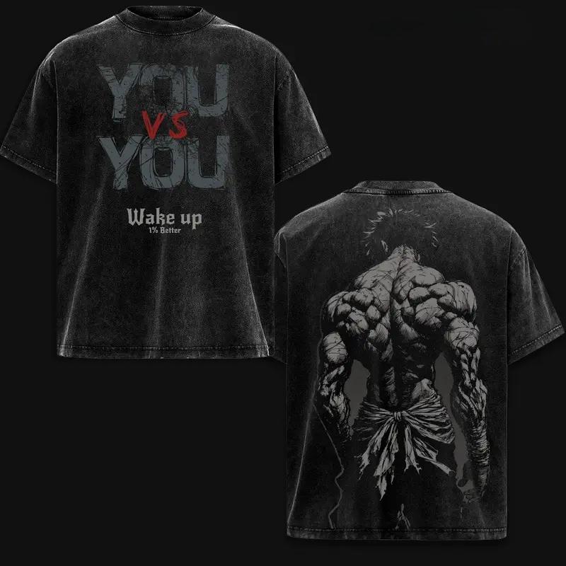 Manga Baki Hanma Baki Printed Tee Men Short Sleeve Clothing Washed Cotton T-shirt Vintage Casual T Shirt Harajuku Male Tshirt