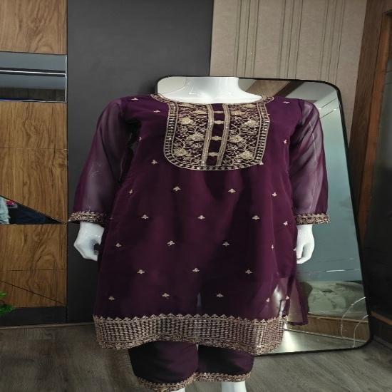 Women's Deep Wine Georgette Embroidered Kurta with Trousers and Dupatta Set