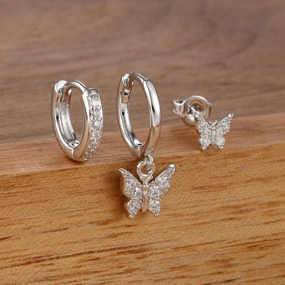 

3PCS Elegant Butterfly CZ Charms Dangle Earrings Set for Women Stainless Steel Cubic Zirconia Huggie Cartilage Piercing Jewelry