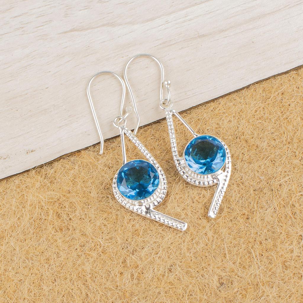 Swiss Blue Topaz Handmade Wonderful Earrings, 925 Sterling Silver Earrings, Blue Topaz Gemstone Silver Jewelry For Grandma