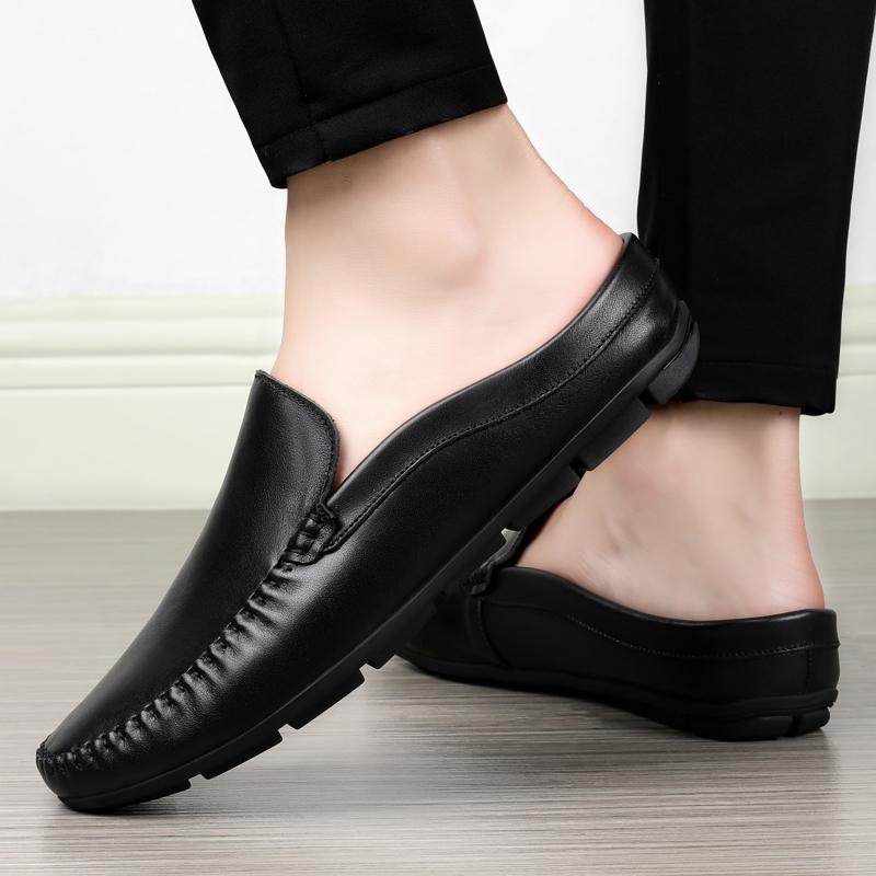 New Men Casual Genuine Leather Classic Boat Shoes Half Loafers Shoes High Quality Half Slipper Flat Lazy Shoes Men Muller Shoes